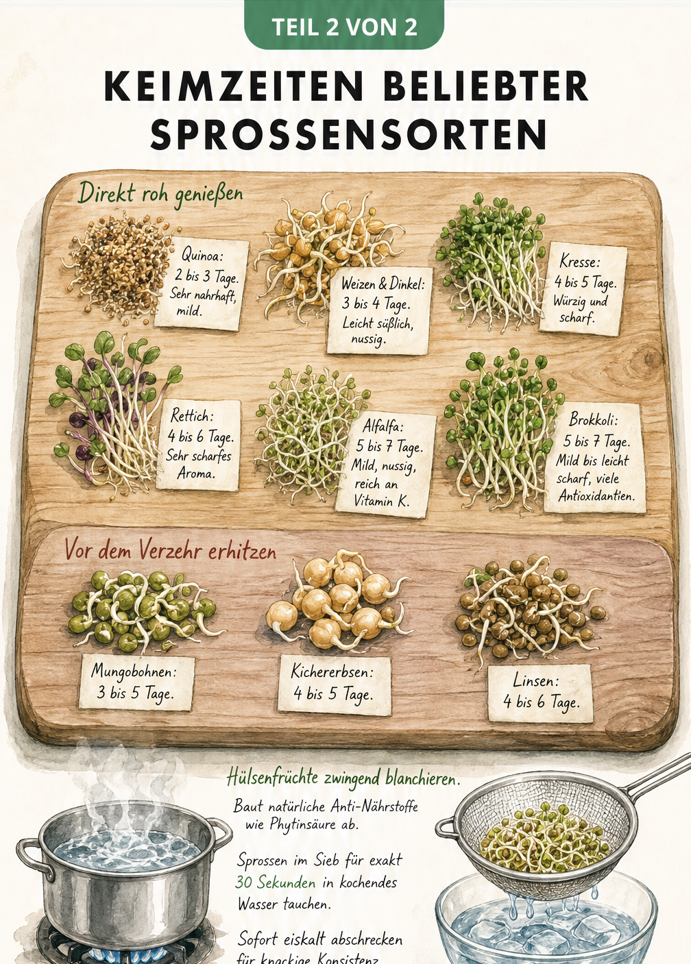Botanische Illustration verschiedener Sprossensorten mit ihren Keimzeiten auf einem Holzbrett