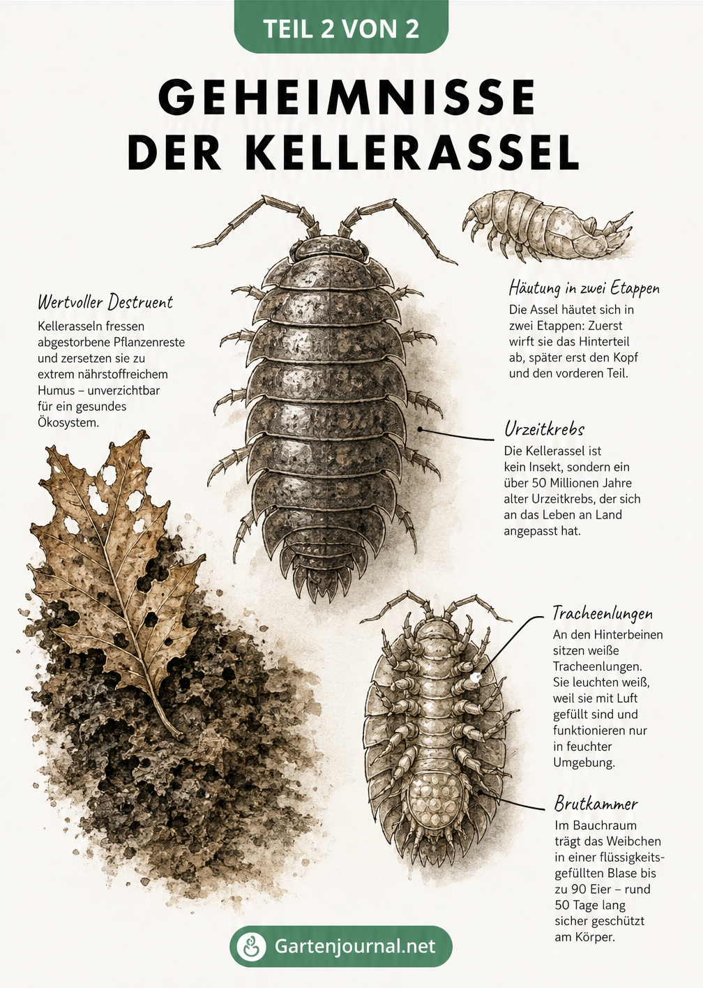 Anatomische Zeichnung einer Kellerassel mit Details zu Tracheenlungen, Eierblase und Häutung