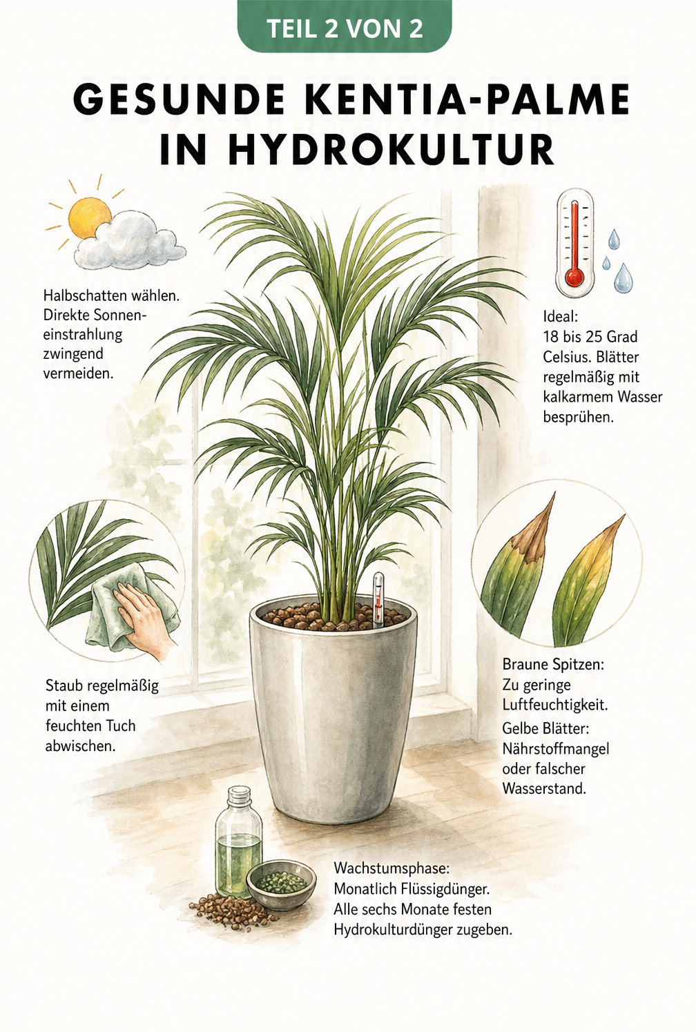 Illustration einer gesunden Kentia-Palme im Raum mit Pflegetipps zu Licht, Temperatur, Gießen und Düngen