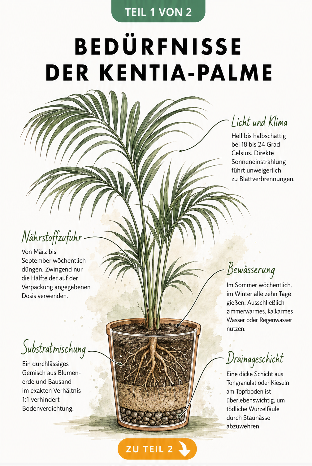 Illustration einer Kentia-Palme im Querschnitt mit Pflegetipps zu Licht, Dünger, Wasser, Erde und Drainage