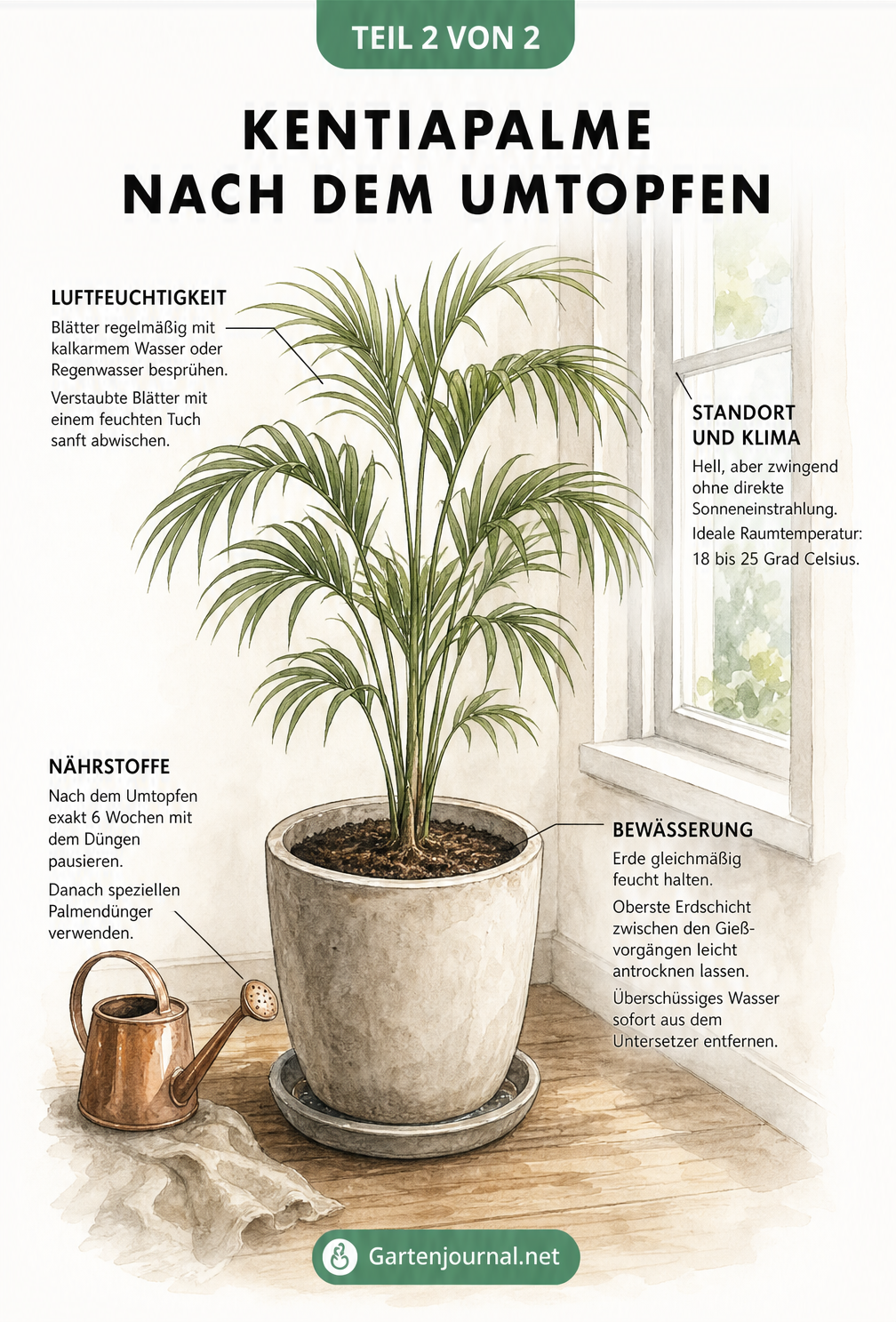 Illustration einer frisch umgetopften Kentia Palme am Fenster mit Pflegetipps zu Standort, Luftfeuchtigkeit, Bewässerung und Nährstoffen.