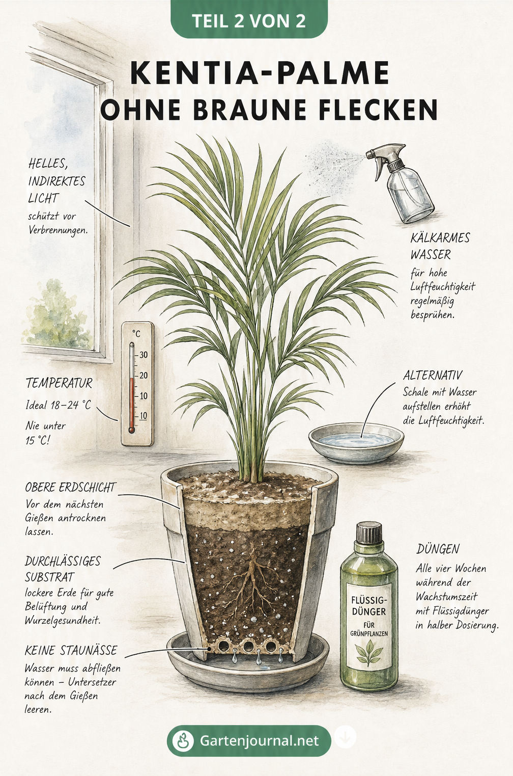Skizze einer gesunden Kentia-Palme im Topf am Fenster mit Hinweisen zu idealer Pflege wie indirektem Licht, kalkarmem Wasser, durchlässigem Substrat und...