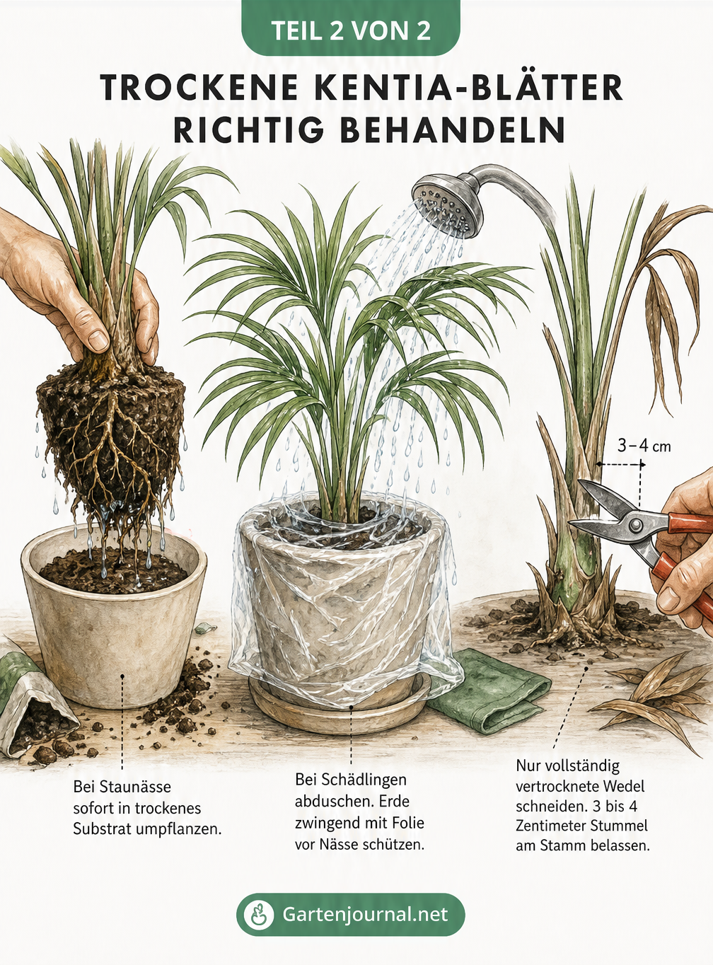Illustration zur Pflege der Kentia-Palme: Umpflanzen bei Staunässe, Abduschen bei Schädlingen und Abschneiden vertrockneter Wedel