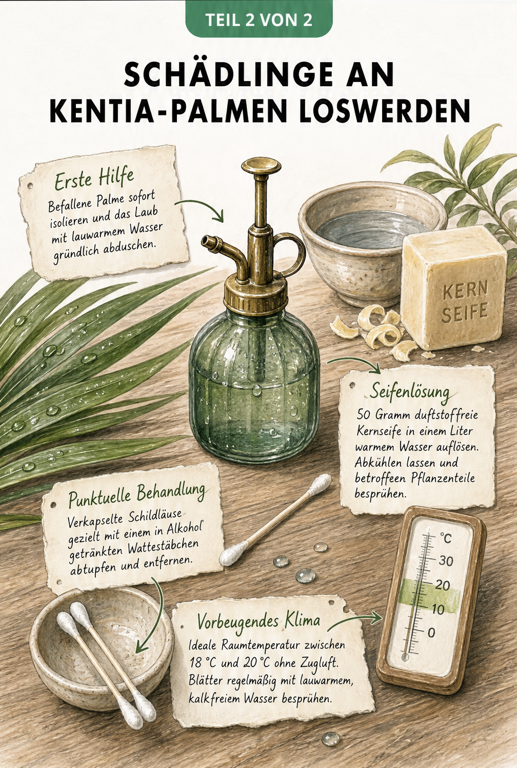 Illustration eines Pflanztisches mit Sprühflasche, Kernseife, Wattestäbchen und Thermometer zur Schädlingsbekämpfung