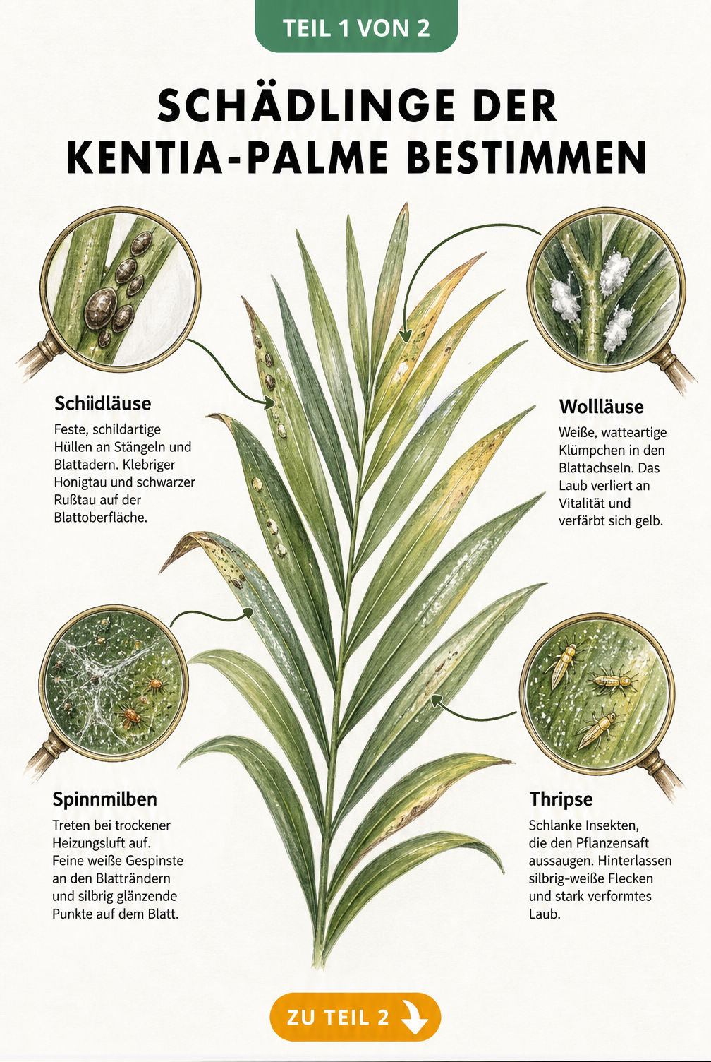 Botanische Illustration eines Kentia-Palmenwedels mit Lupen-Vergrößerungen von Schildläusen, Wollläusen, Spinnmilben und Thripsen