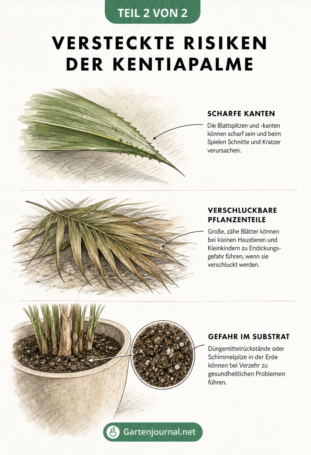 Botanische Skizze der Kentiapalme, die auf scharfe Blattkanten, Erstickungsgefahr durch Blätter und Risiken in der Blumenerde hinweist