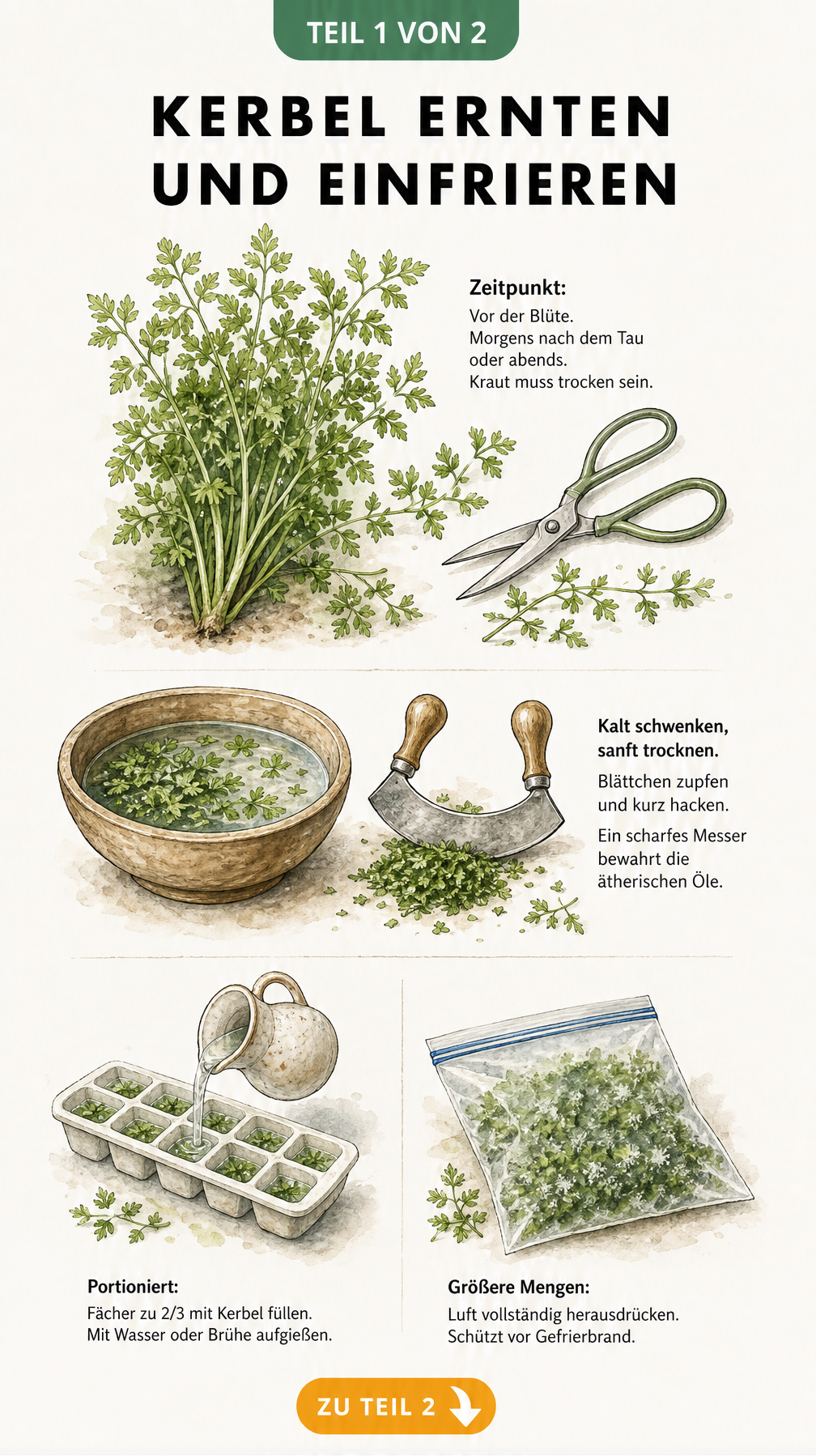 Botanische Illustration zur Ernte und Vorbereitung von Kerbel zum Einfrieren