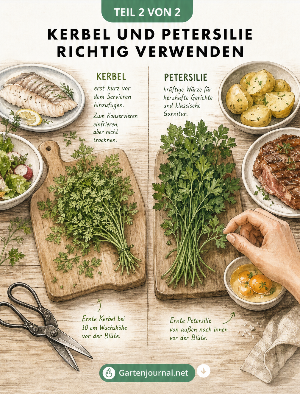 Illustration zur Verwendung von Kerbel und Petersilie in der Küche mit passenden Zutaten und Erntetipps