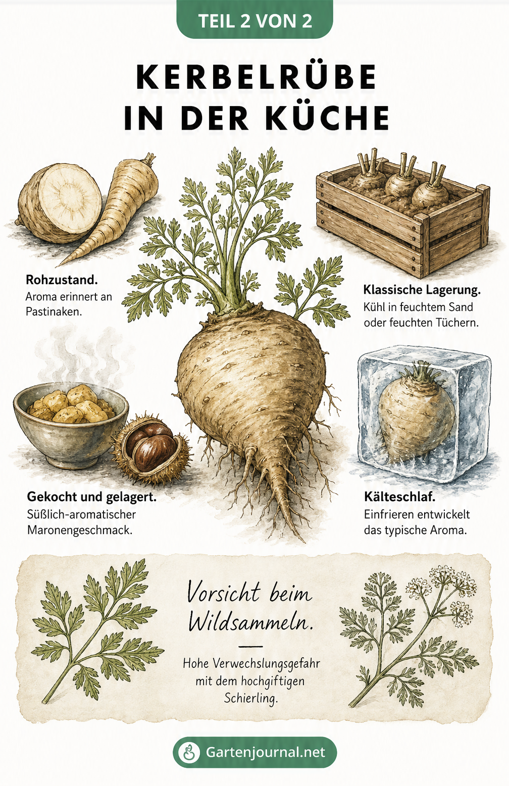 Illustration einer Kerbelrübe mit Vergleichen zum Geschmack von Pastinake und Marone sowie Methoden zur Lagerung in Sand oder durch Einfrieren.