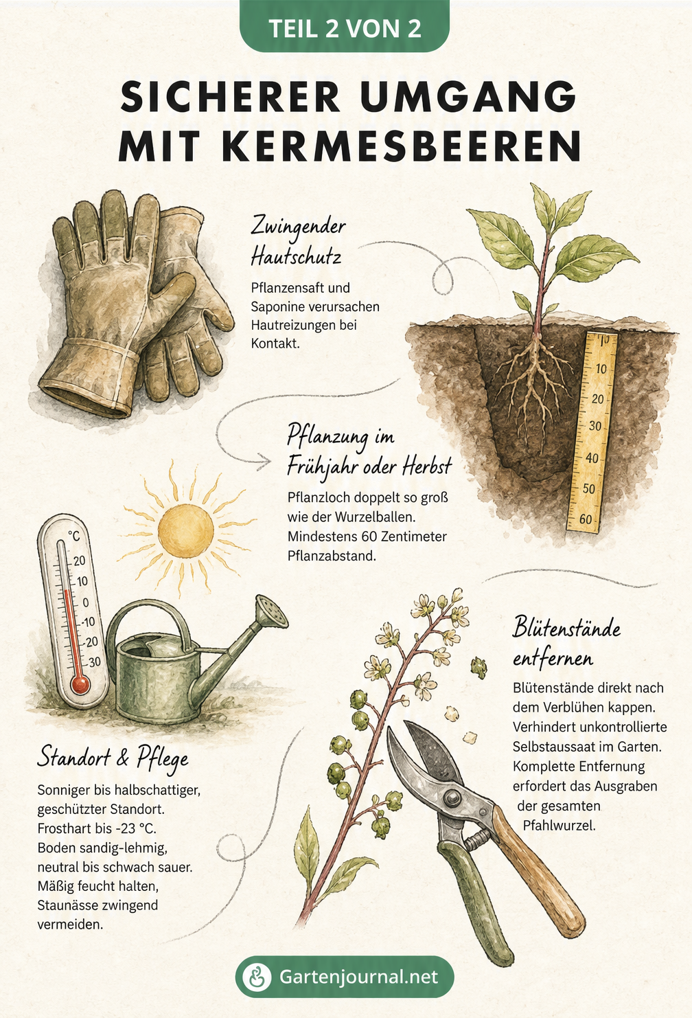 Skizze zum sicheren Umgang mit der Kermesbeere: Gartenhandschuhe, Pflanzloch mit Maßband, Gießkanne mit Thermometer und Gartenschere beim Abschneiden...