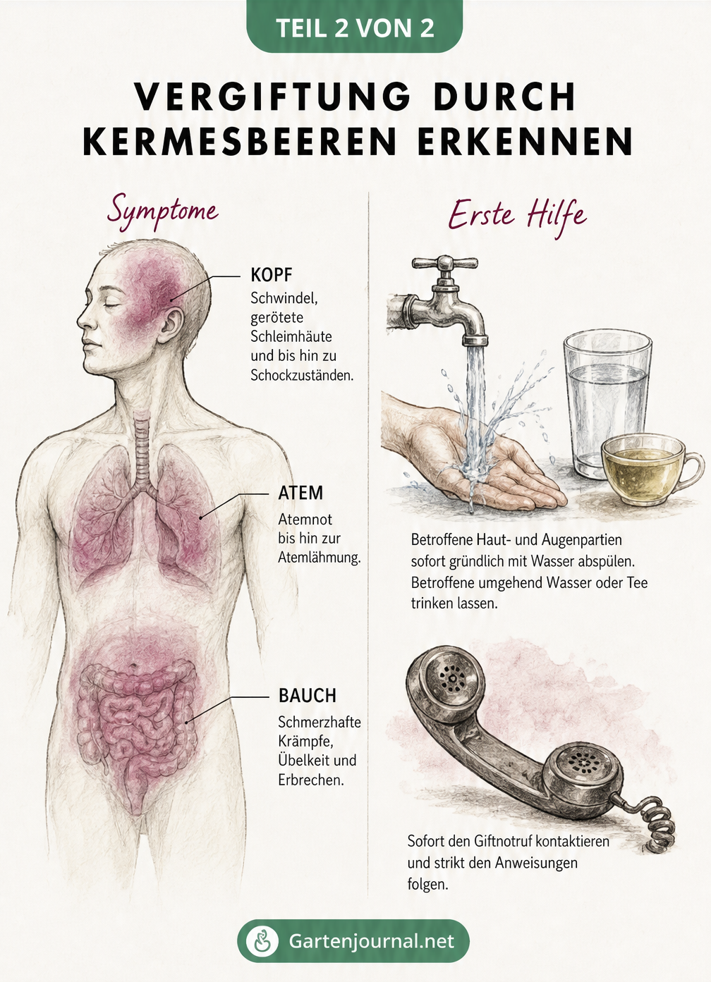 Medizinische Skizze eines menschlichen Torsos mit Symptomen einer Kermesbeeren-Vergiftung und Erster Hilfe