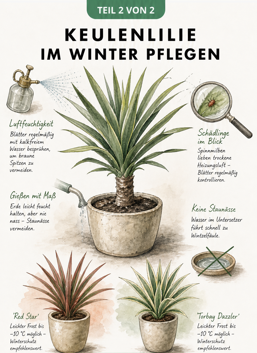 Botanische Illustration einer Keulenlilie mit Pflegehinweisen wie kalkfreiem Sprühwasser und Schädlingskontrolle sowie den frostrobusteren Sorten Red Star und...