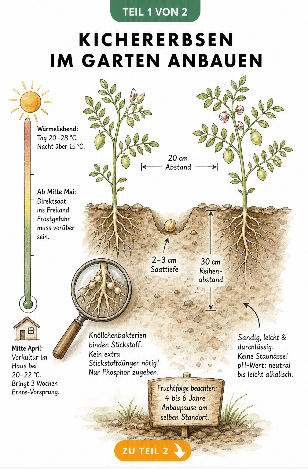 Illustration eines Gartenbeets mit Kichererbsenpflanze, Wurzeln mit Knöllchenbakterien und Zeitstrahl zur Aussaat