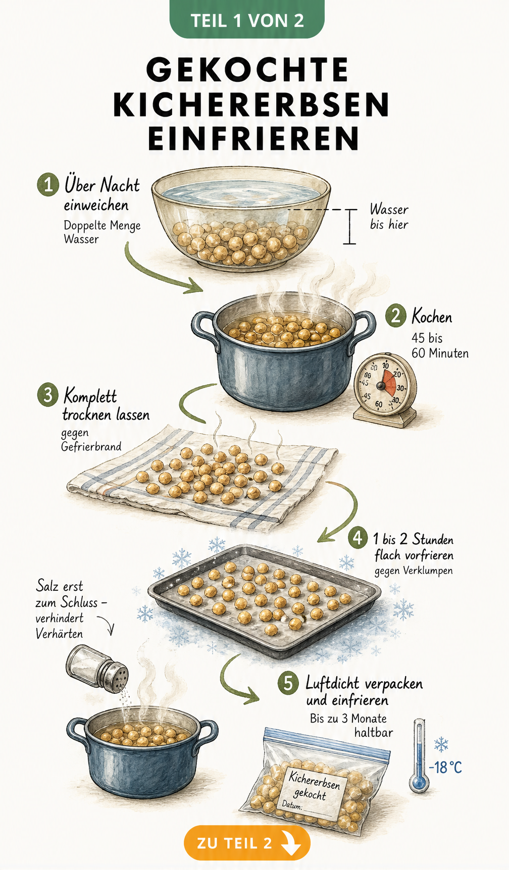 Illustration der Schritte zum Einfrieren von Kichererbsen: Einweichen, Kochen, Trocknen, Vorfrieren und Verpacken