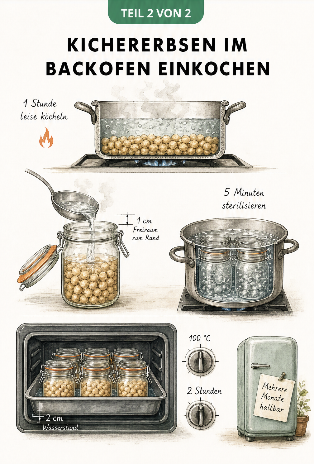 Querschnitt-Illustration zum Einkochen von Kichererbsen im Backofen und Topf