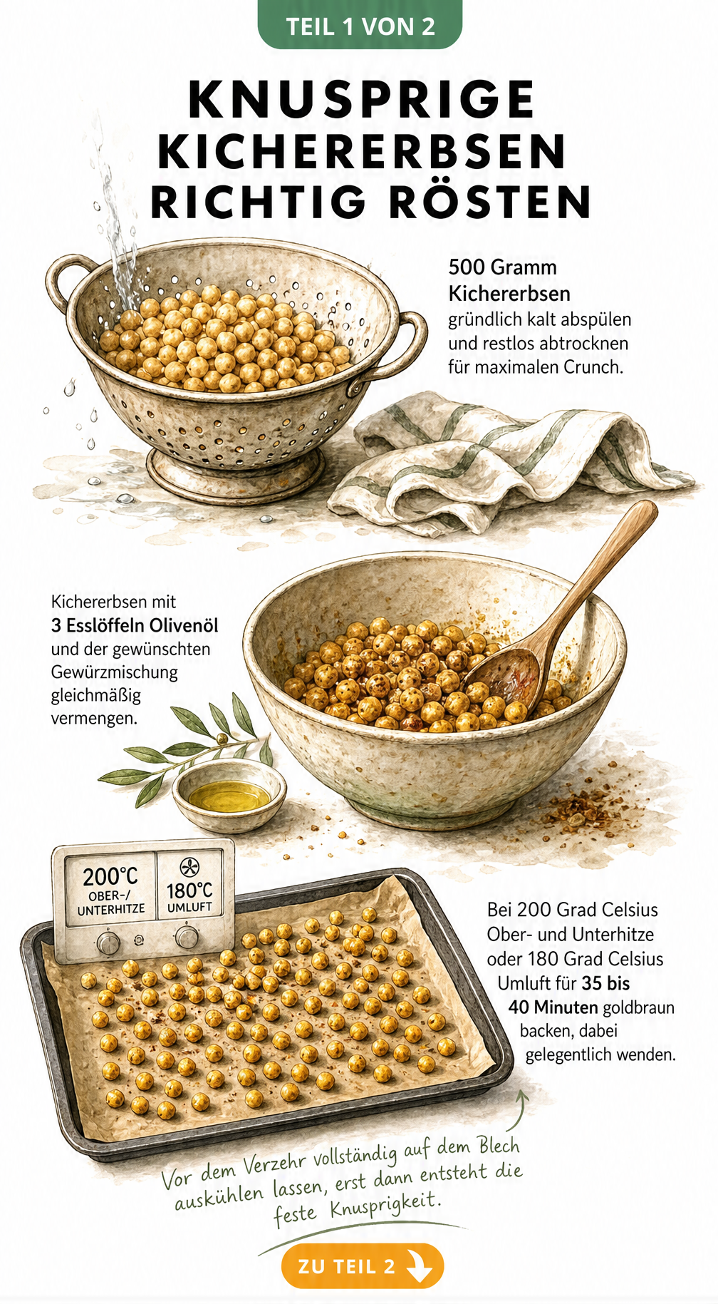 Illustration der Zubereitungsschritte für geröstete Kichererbsen: Waschen, mit Öl und Gewürzen mischen und auf einem Backblech im Ofen backen