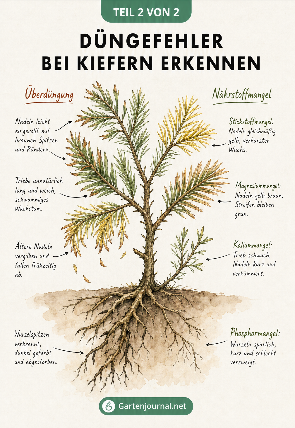 Botanische Illustration eines Kiefernzweigs, die Symptome von Überdüngung und Nährstoffmangel zeigt