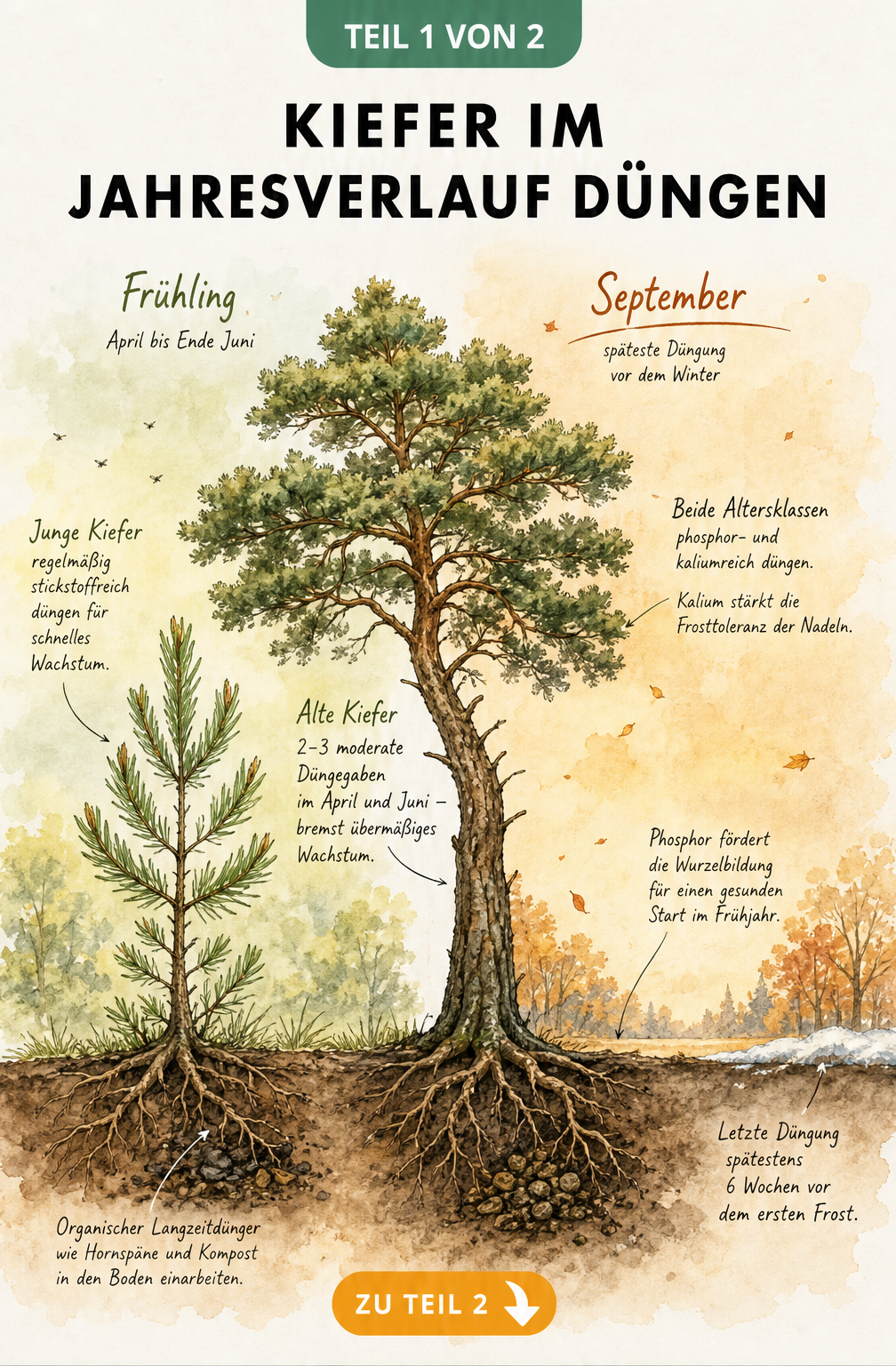 Illustration zweier Kiefern im Jahresverlauf mit Düngehinweisen für Frühling und Herbst