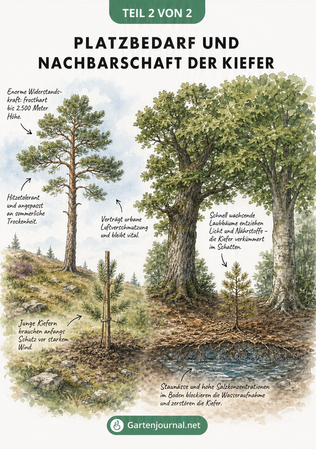 Illustration einer gesunden Kiefer im Freistand und einer kranken Kiefer im Schatten großer Laubbäume