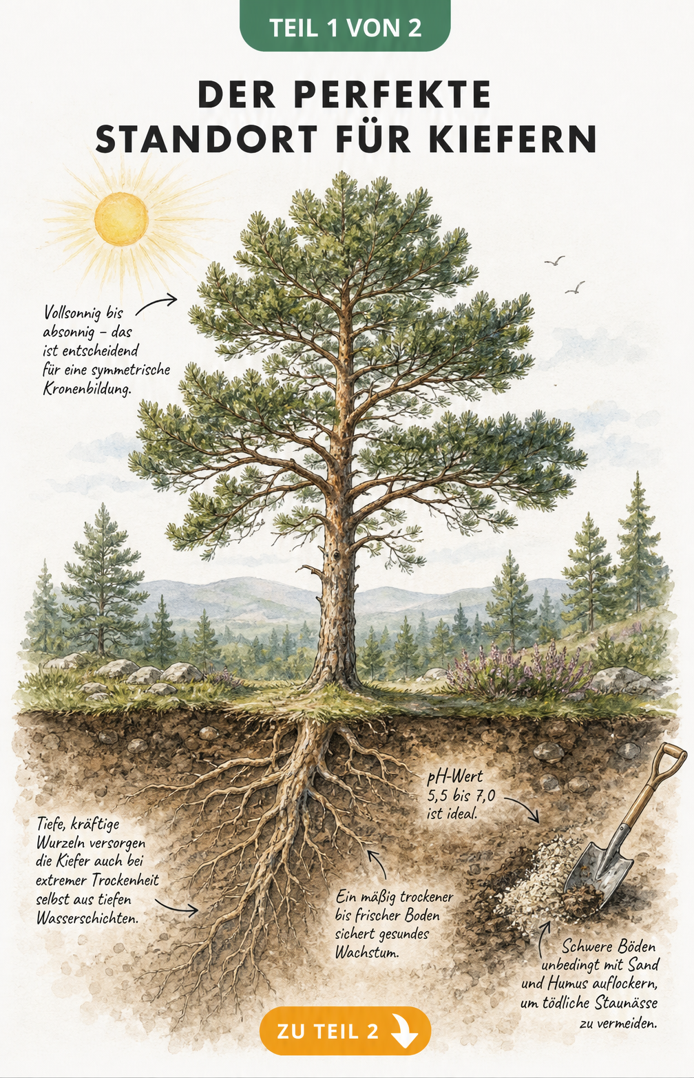 Botanische Querschnitt-Illustration einer Kiefer mit tiefen Wurzeln, lockerem Boden und Sonne