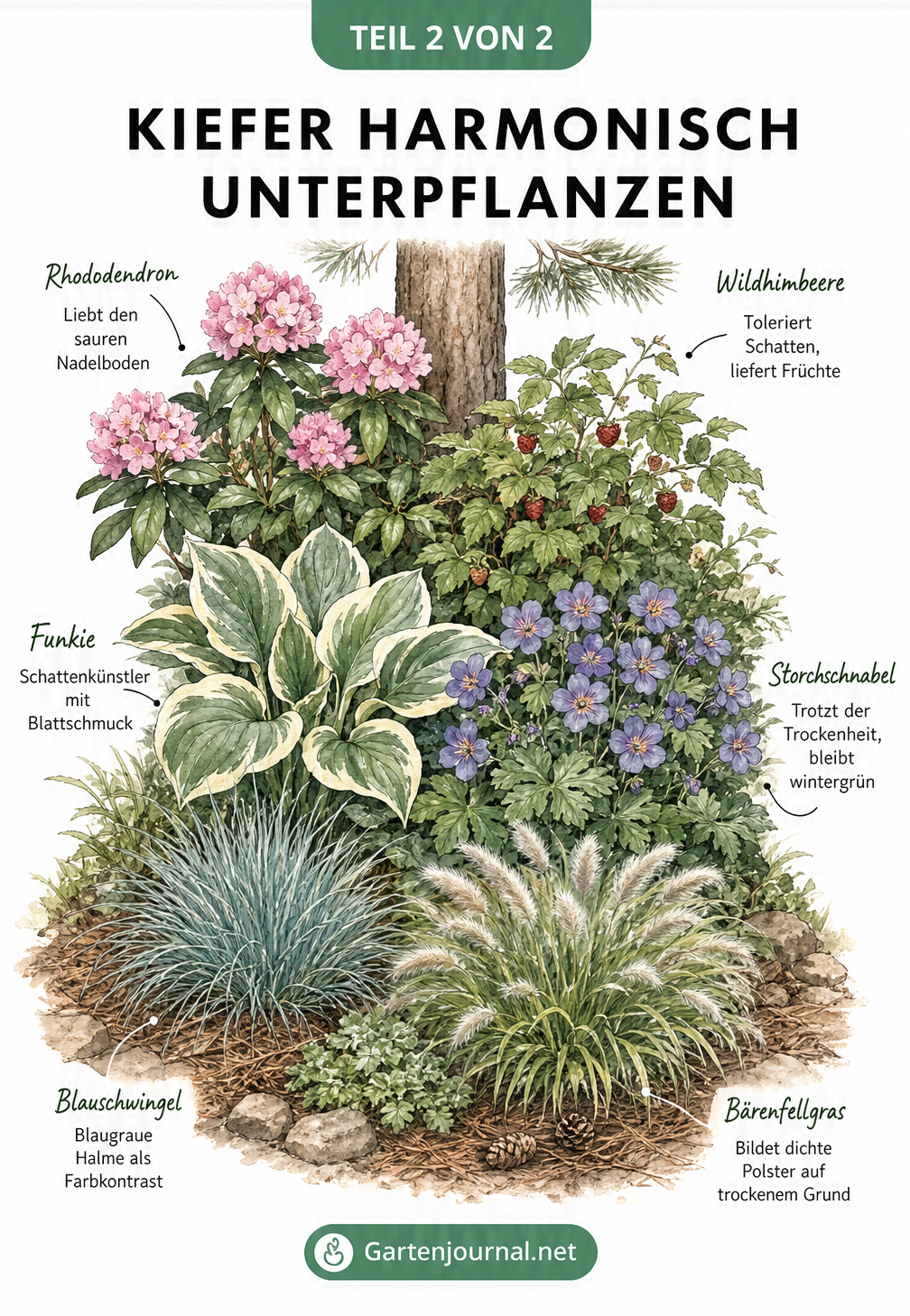 Gestaffeltes Gartenbeet unter einer Kiefer mit Rhododendron, Funkie und Blauschwingel