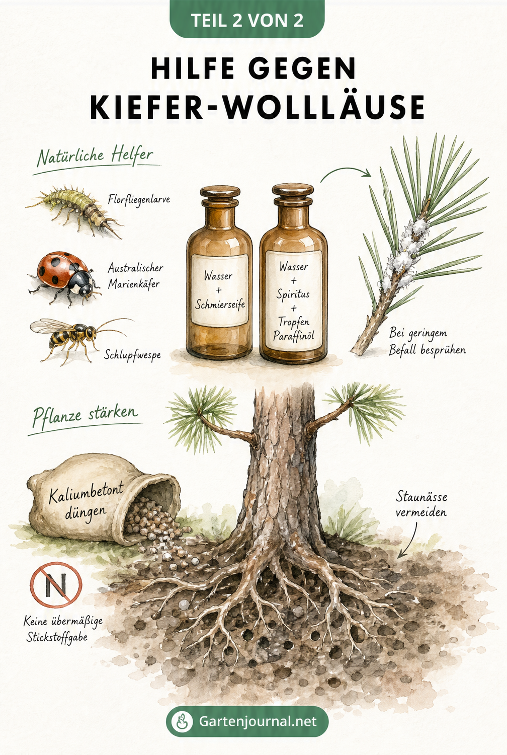 Illustration von Nützlingen wie Florfliegenlarve und Hausmitteln wie Schmierseife zur Bekämpfung von Kiefer-Wollläusen