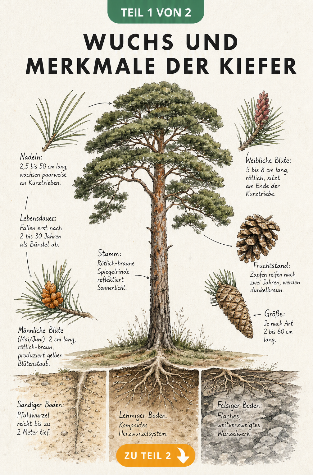 Aquarell-Infografik einer Waldkiefer mit schirmförmiger Krone, Wurzelquerschnitt in verschiedenen Böden sowie Detailzeichnungen von Nadeln, Blüten und Zapfen