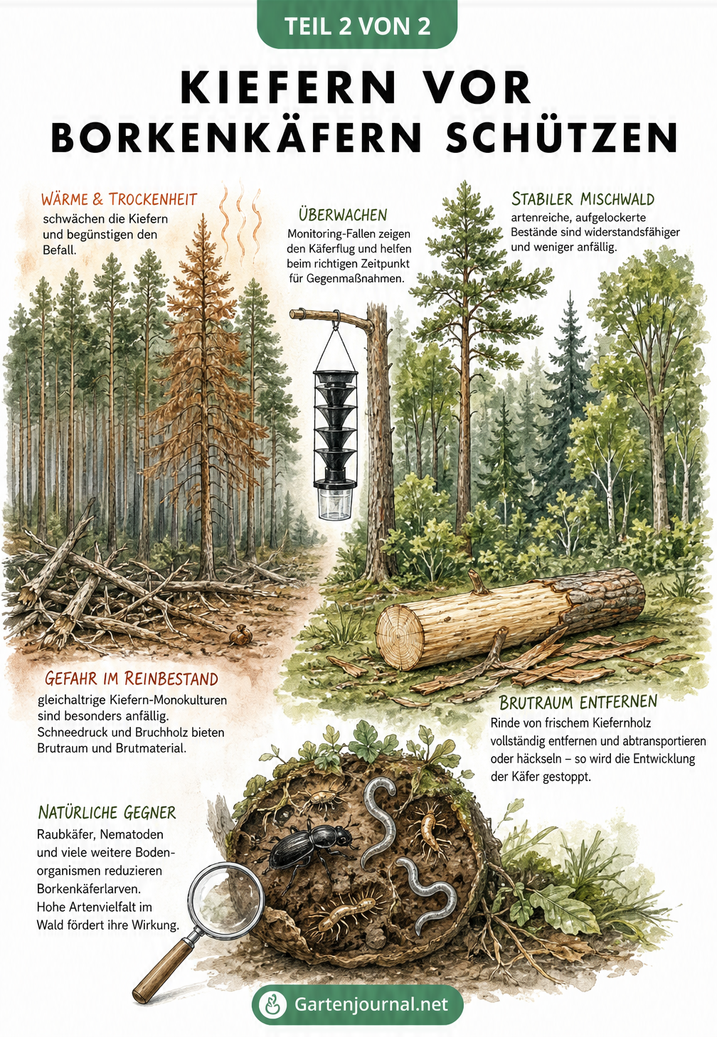 Illustration eines Waldübergangs von einer kranken Kiefern-Monokultur zu einem gesunden Mischwald mit natürlichen Feinden