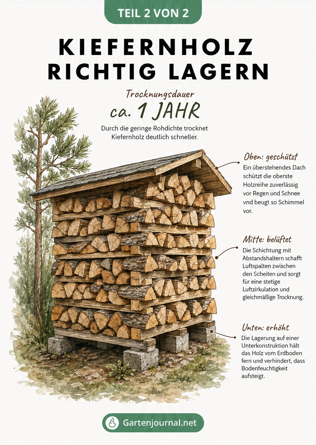 Zeichnung eines geschichteten Holzstapels im Freien mit Dach und Unterkonstruktion zur Trocknung