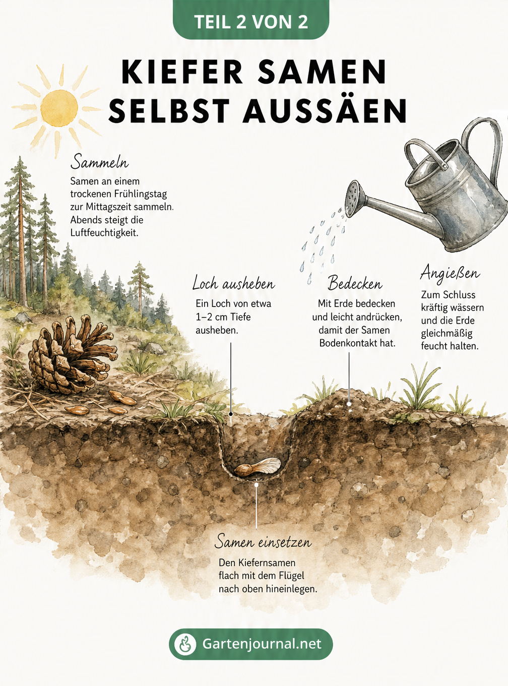 Aquarell-Zeichnung, die das Sammeln von Kiefernsamen im Wald und das anschließende Einpflanzen und Gießen im Garten zeigt.