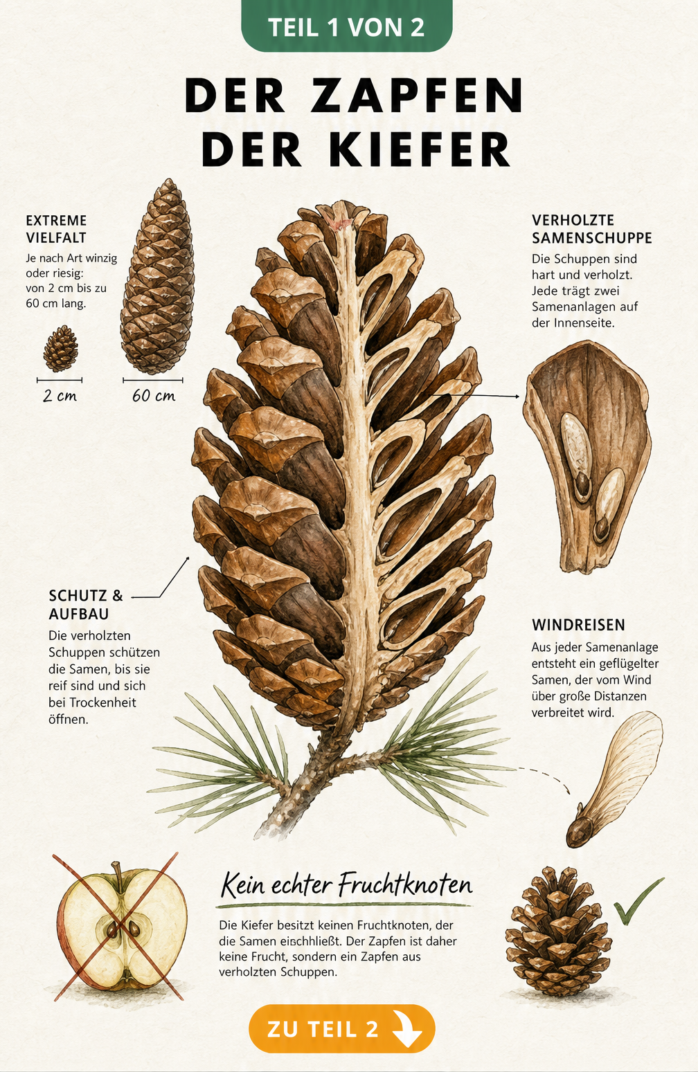 Botanische Illustration eines Kiefernzapfens mit Schnittdarstellung, Samenschuppe und Größenvergleich