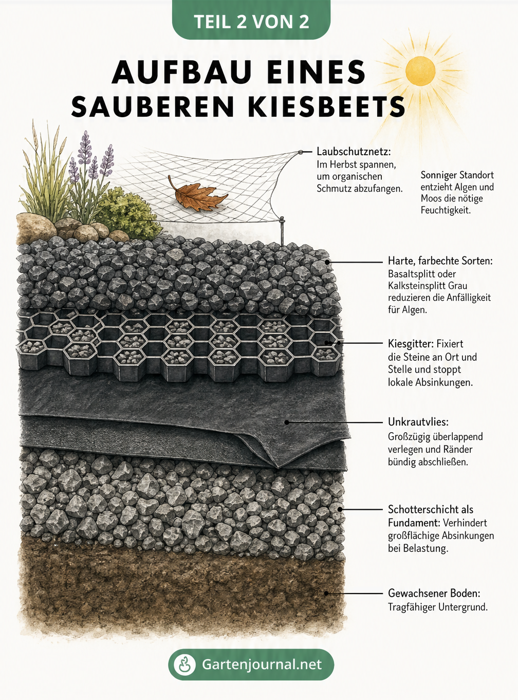 Querschnitt durch ein Kiesbeet mit Schotterfundament, Unkrautvlies, Kiesgitter und Deckschicht.