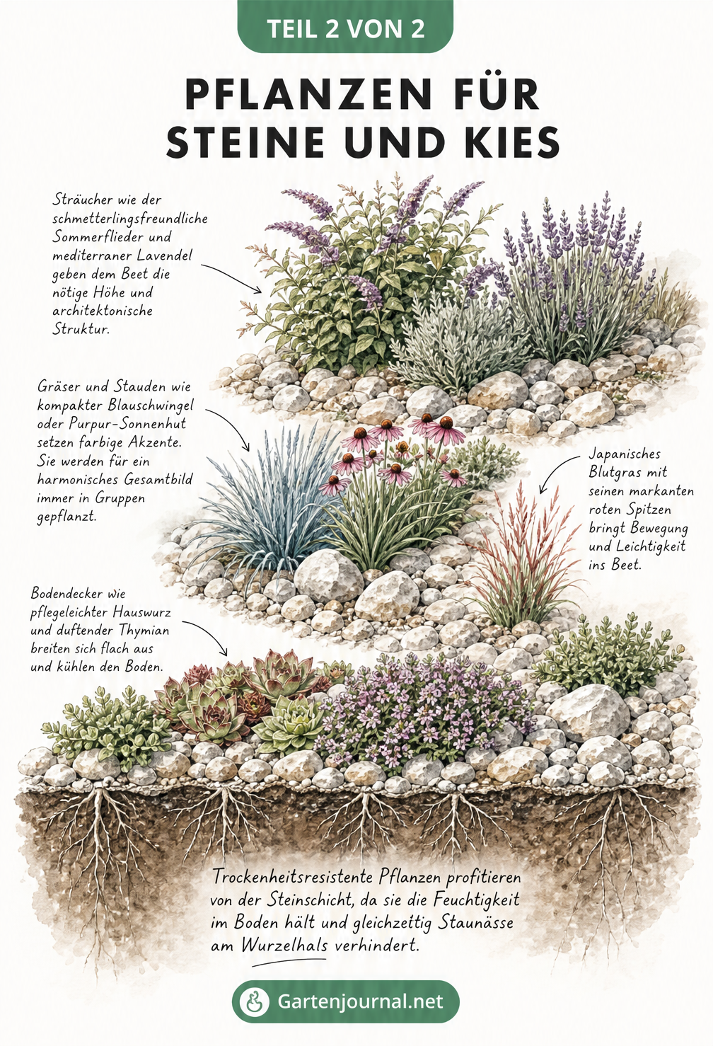 Botanische Illustration eines Kiesbeets mit gestaffelten Pflanzen: Bodendecker vorne, Gräser in der Mitte und Sträucher im Hintergrund.