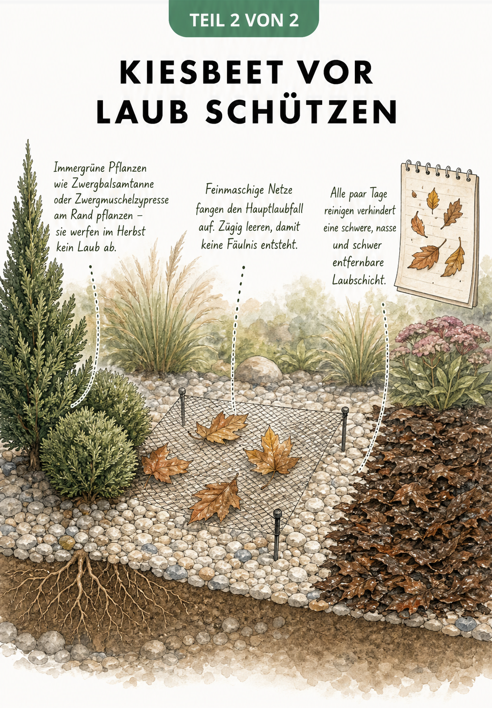 Querschnitt eines Kiesbeets mit immergrünen Pflanzen, Laubschutznetz und regelmäßig gereinigter Fläche