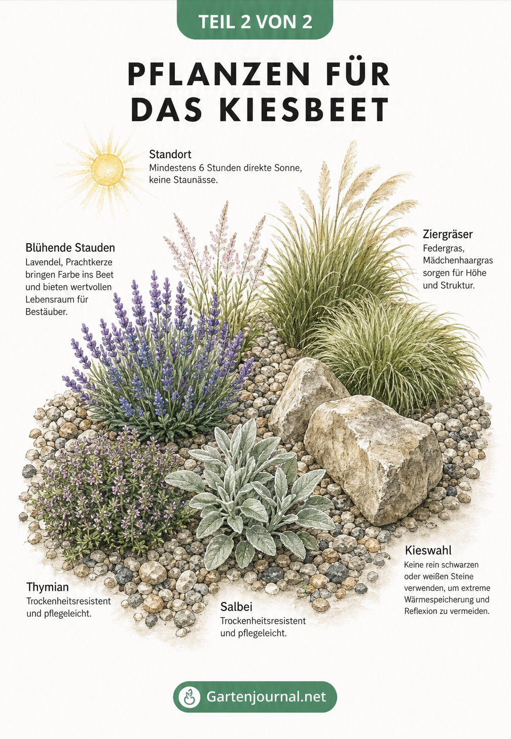 Isometrische Aufsicht eines bepflanzten Kiesbeets mit Thymian, Lavendel und Ziergräsern