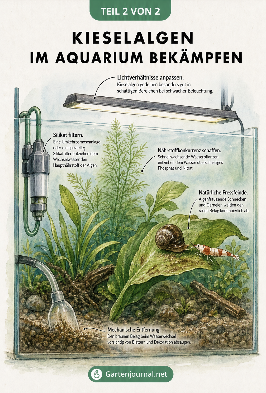Querschnitt eines Aquariums mit Tipps zur Bekämpfung von Kieselalgen wie Lichtanpassung, Silikatfilter und natürlichen Fressfeinden