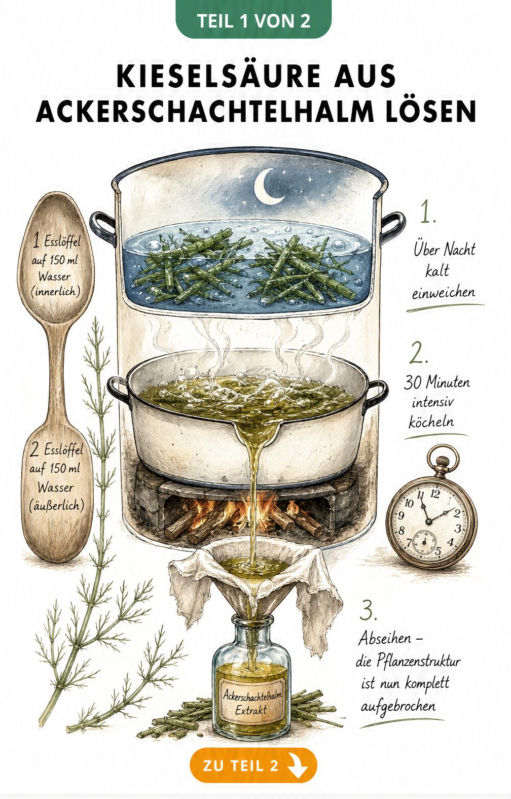 Illustration des dreistufigen Extraktionsprozesses von Kieselsäure aus Ackerschachtelhalm mit Emaille-Topf und Holzlöffel