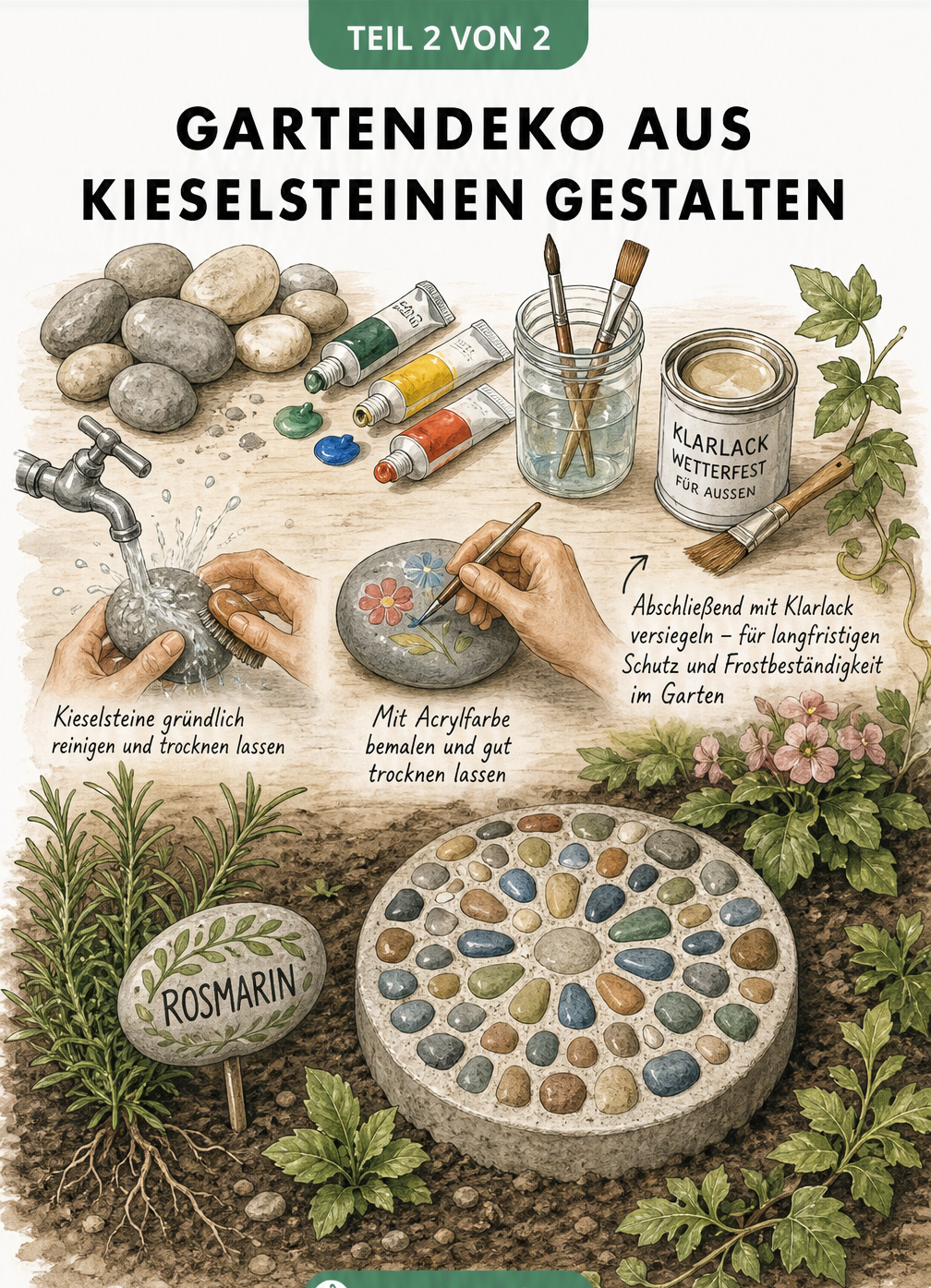 Illustration eines Arbeitsplatzes zum Bemalen von Kieselsteinen und fertigen Deko-Ideen im Gartenbeet