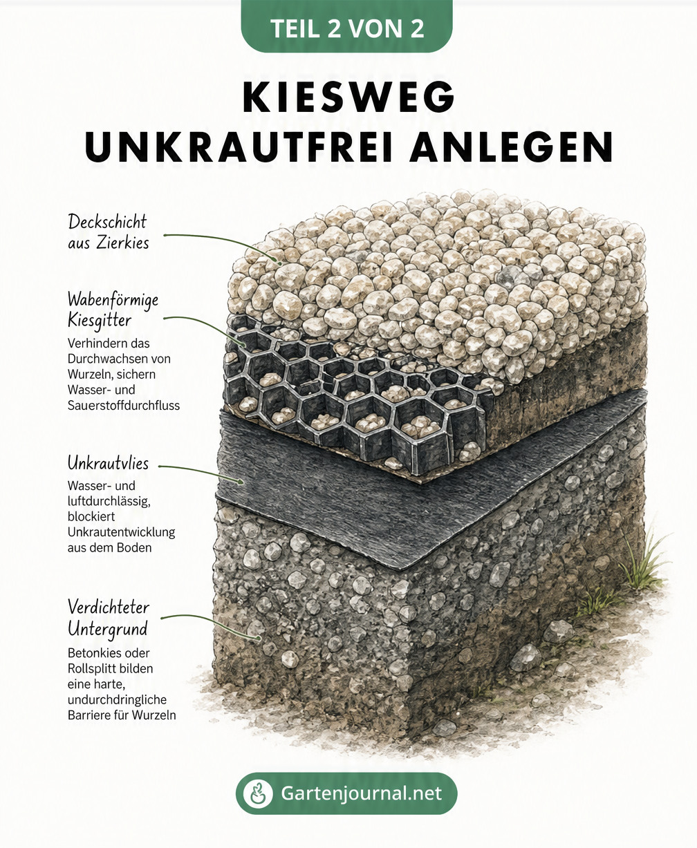 Querschnitt eines professionell angelegten Kieswegs mit Zierkies, Kiesgitter, Unkrautvlies und verdichtetem Untergrund.
