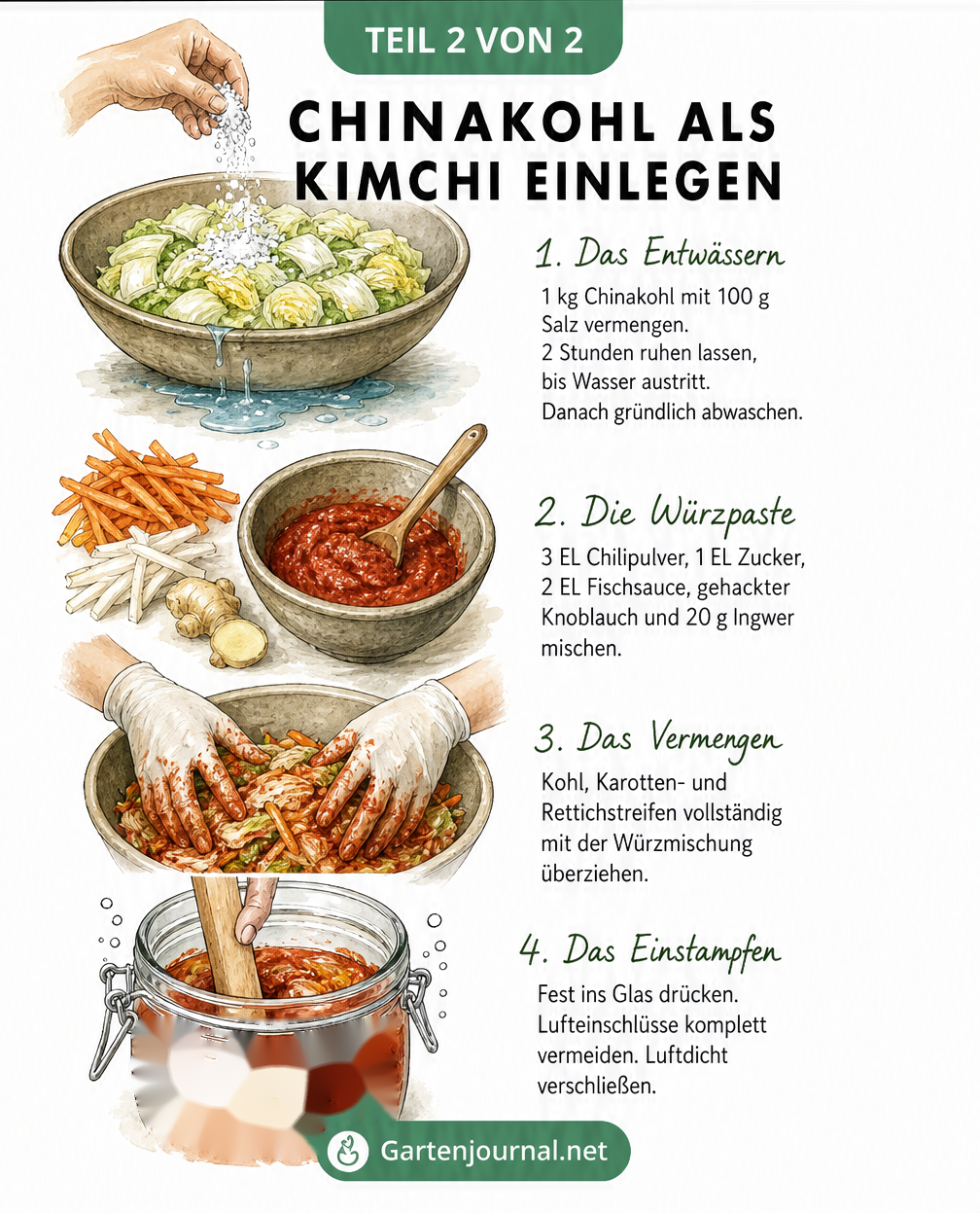 Schritt-für-Schritt-Anleitung zur Herstellung von Kimchi aus Chinakohl: Entwässern, Würzpaste anrühren, Vermengen und Einstampfen