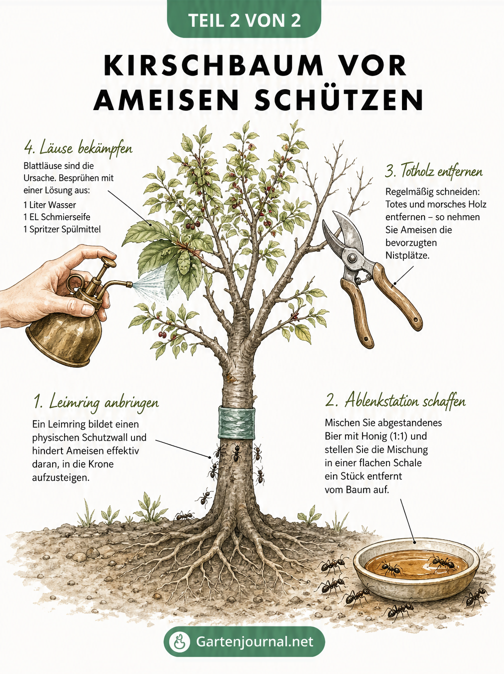 Illustration eines jungen Kirschbaums mit vier Maßnahmen gegen Ameisen: Leimring am Stamm, Bier-Honig-Falle, Baumschnitt und Sprühmittel gegen Blattläuse.