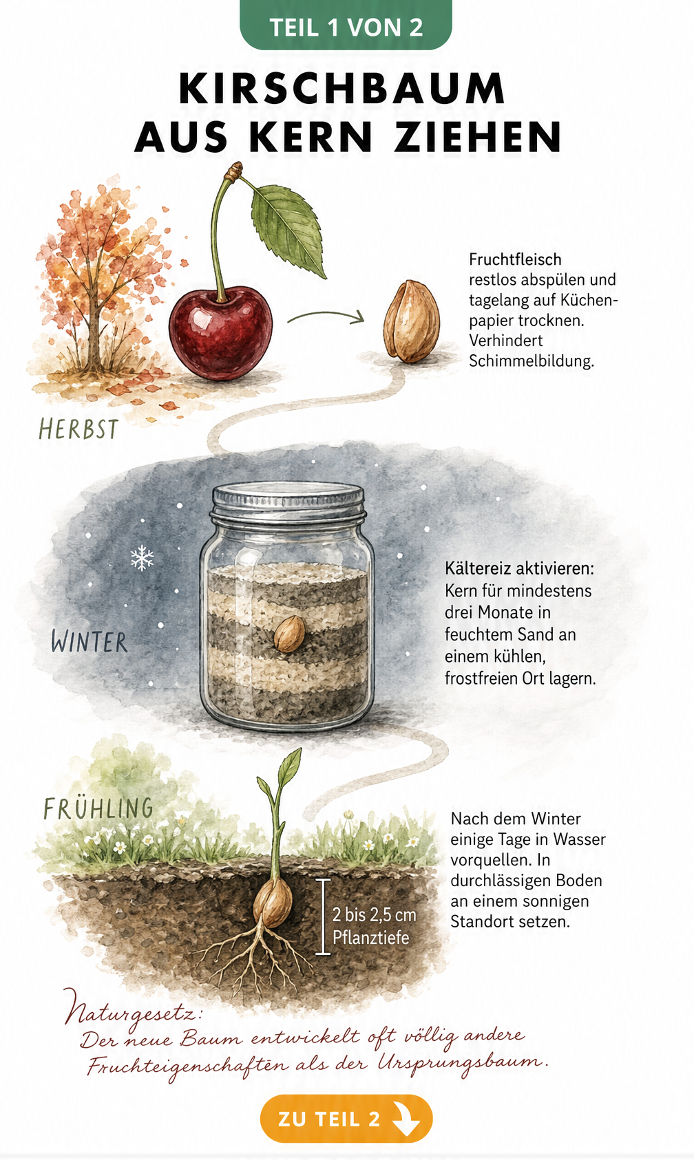 Botanische Illustration: Ablauf vom Kirschkern bis zum Keimling mit Kältereiz und Pflanztiefe