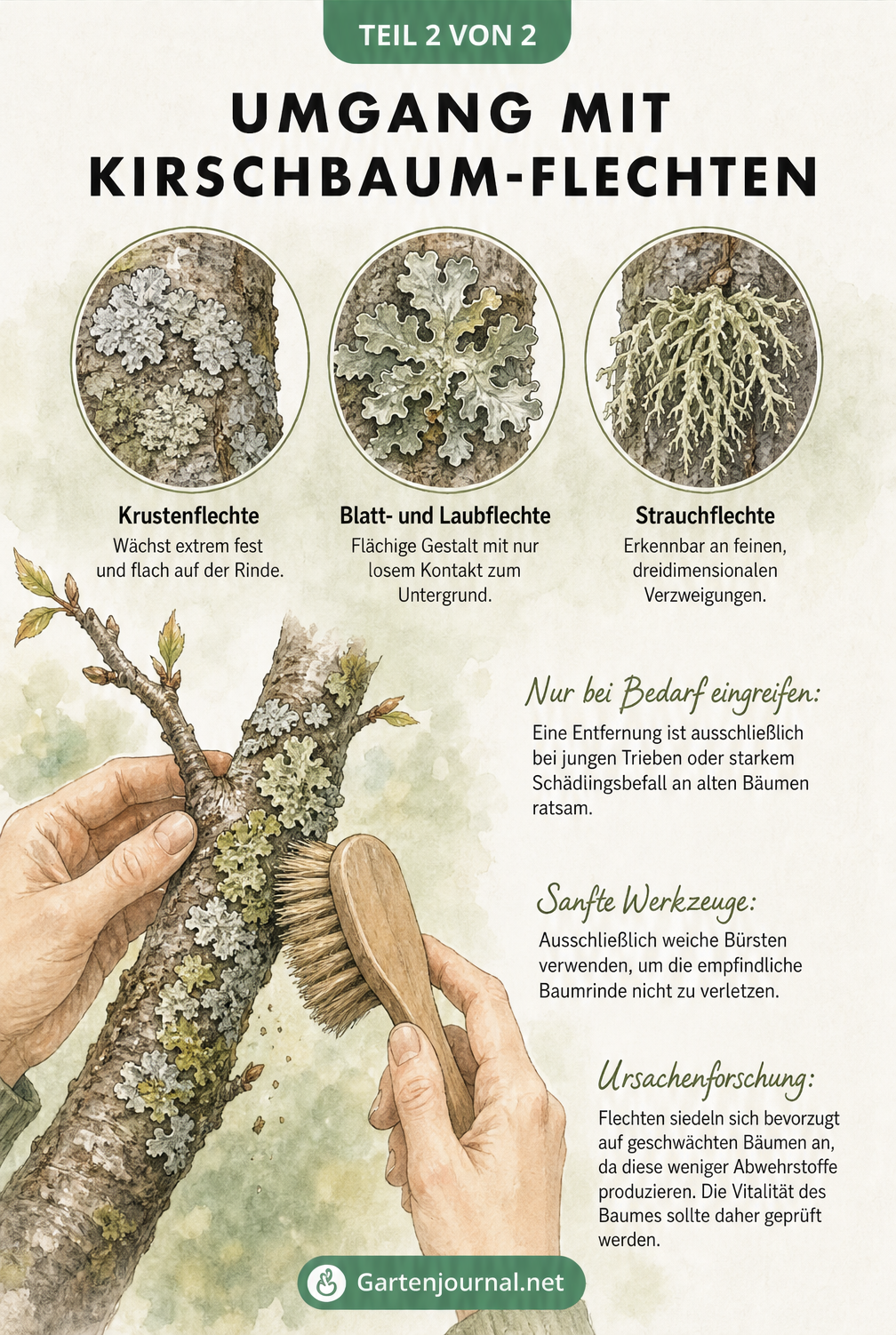 Aquarell-Illustration zur Identifikation von Krusten-, Blatt- und Strauchflechten sowie Anleitung zur sanften Entfernung mit einer weichen Bürste