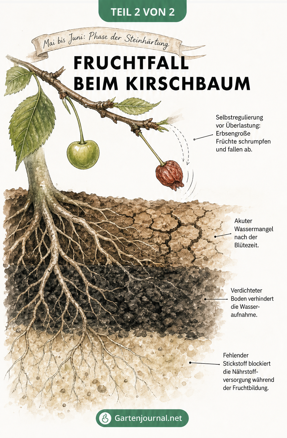 Schnittzeichnung eines Kirschbaums, die den Fruchtfall (Röteln) durch Stressfaktoren wie Wassermangel, verdichteten Boden und Stickstoffmangel erklärt.