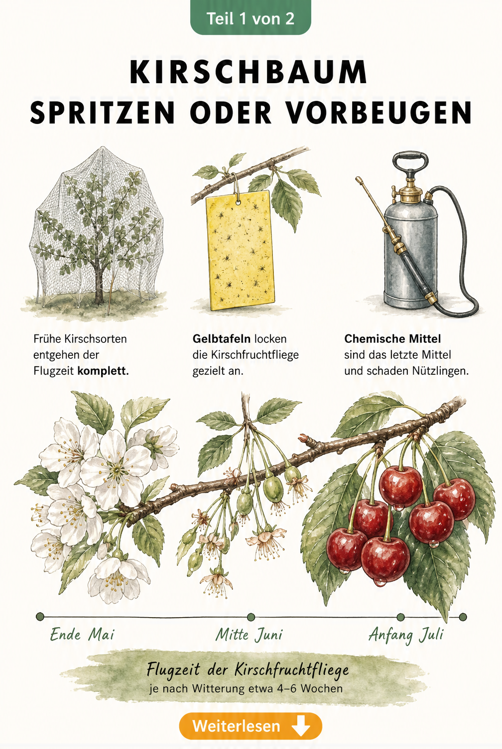 Botanische Illustration eines Kirschzweigs mit Blüten, unreifen und reifen Kirschen sowie einem Zeitstrahl zur Flugzeit der Kirschfruchtfliege.