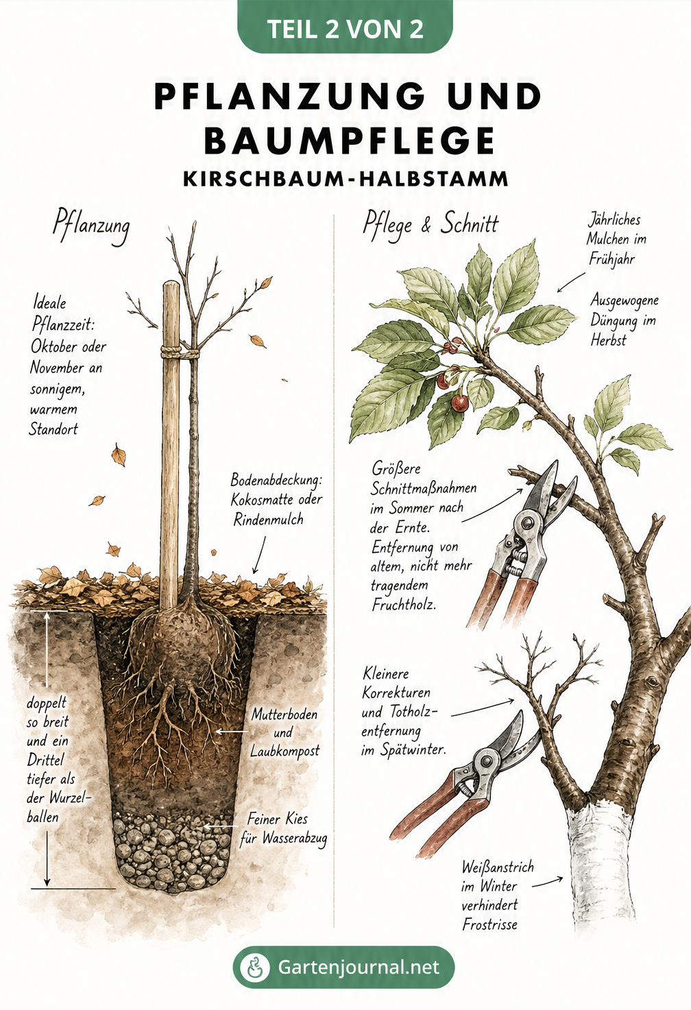 Zeichnung zur Pflanzung und Pflege eines Kirschbaum-Halbstamms mit Querschnitt des Pflanzlochs und Astschnitt