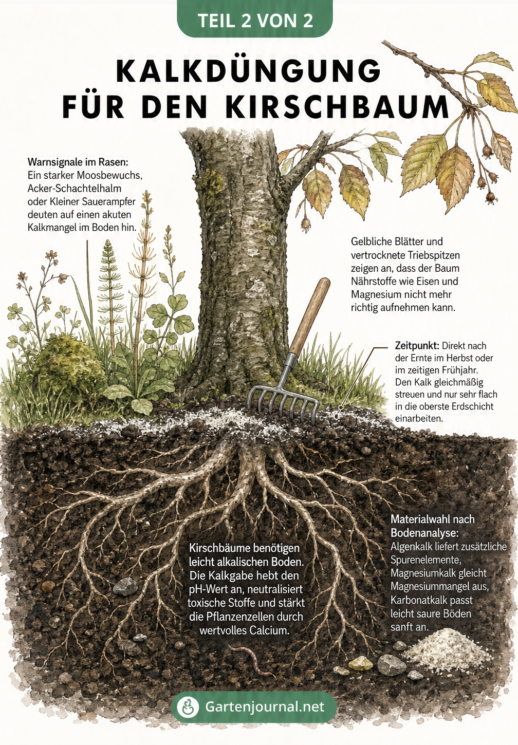 Botanische Querschnitt-Illustration eines Kirschbaums mit Wurzelwerk und Kalkdüngung im Boden