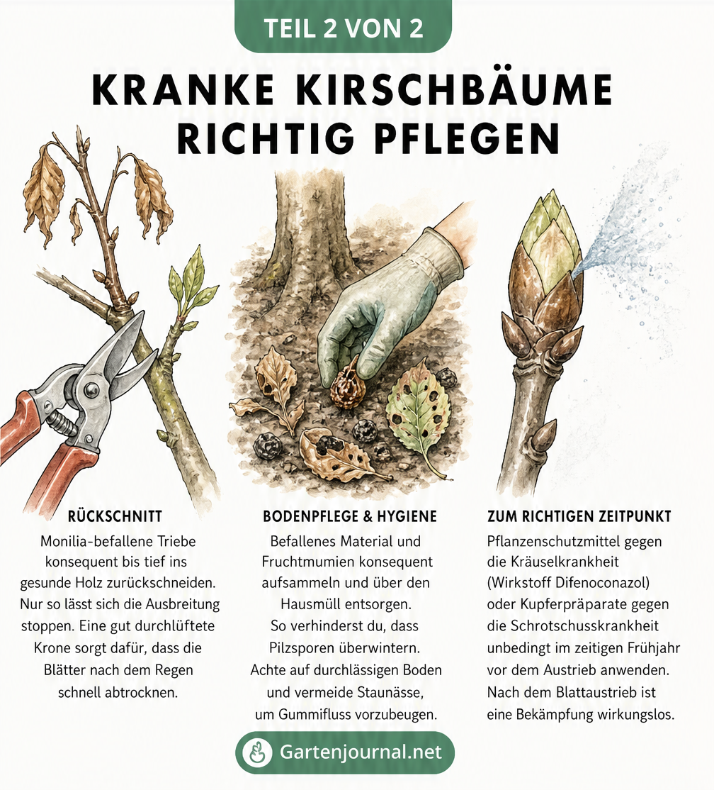 Illustration zur Pflege kranker Kirschbäume: Rückschnitt, Bodenhygiene und rechtzeitige Spritzung im Frühjahr