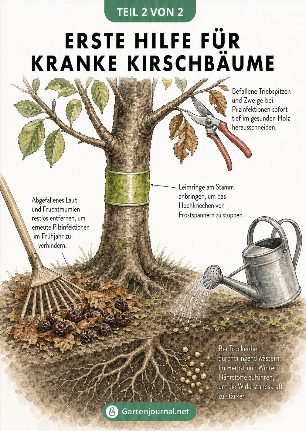 Zeichnung eines Kirschbaums mit Maßnahmen zur Ersten Hilfe: Ast abschneiden, Leimring anbringen, Laub zusammenrechen und wässern.