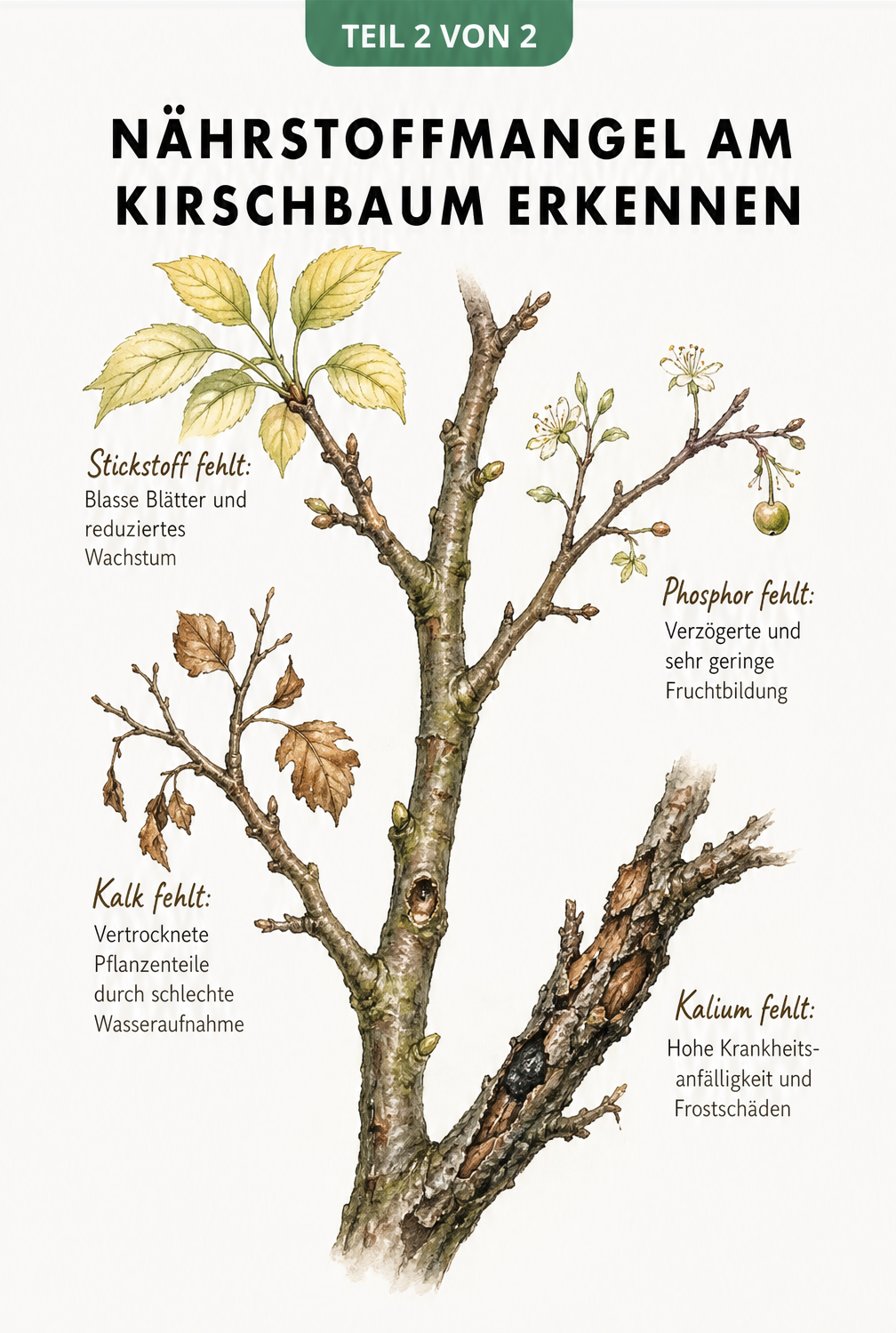 Handgezeichnete Illustration von Kirschbaumästen mit Schadbildern durch Nährstoffmangel